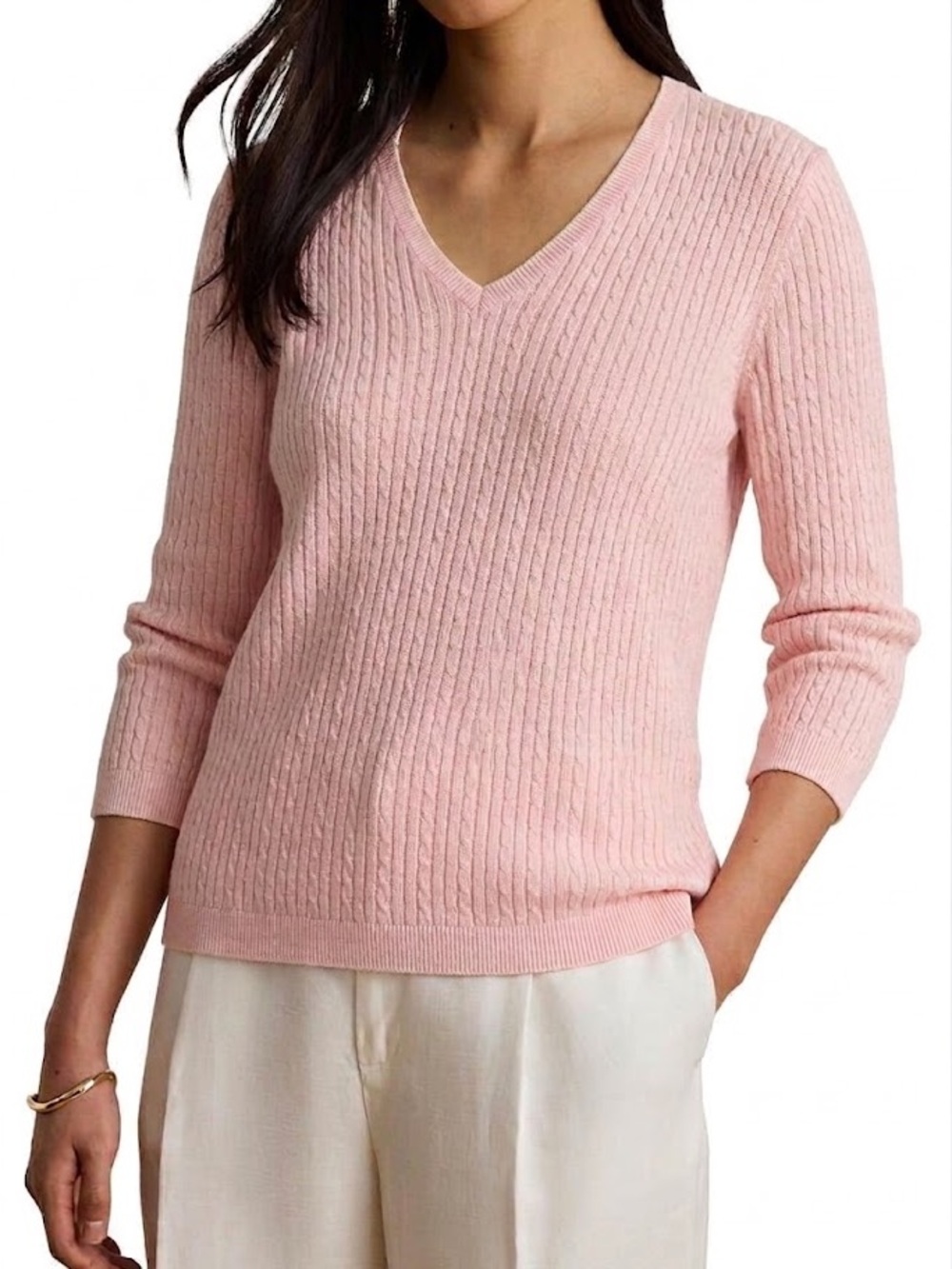 Lauren Ralph Lauren Pink V-neck Sweater Cable Knit Cotton White Trim  | XL | EUC